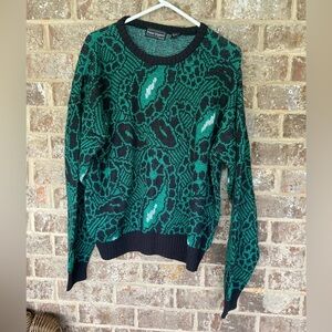 Peter England Vintage Green Black White Paisley Sweater Size XL
